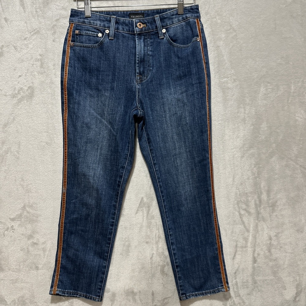 Talbots Women's 4P Blue Modern Ankle High-Rise Denim‎ Jeans Cocoa Brown Detail
